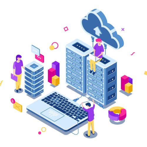 Big data center, server room rack, engineering process, teamwork, computer technology, cloud storage, command work, isometric people vector illustration